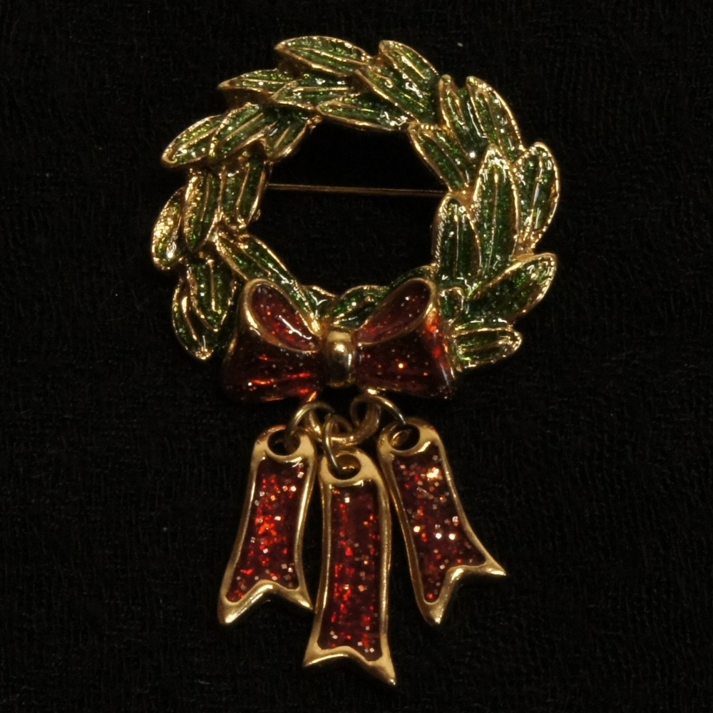 Vintage Christmas Wreath Brooch Dangle Red Bow Glitter Enamel‎ Gold Tone Pin